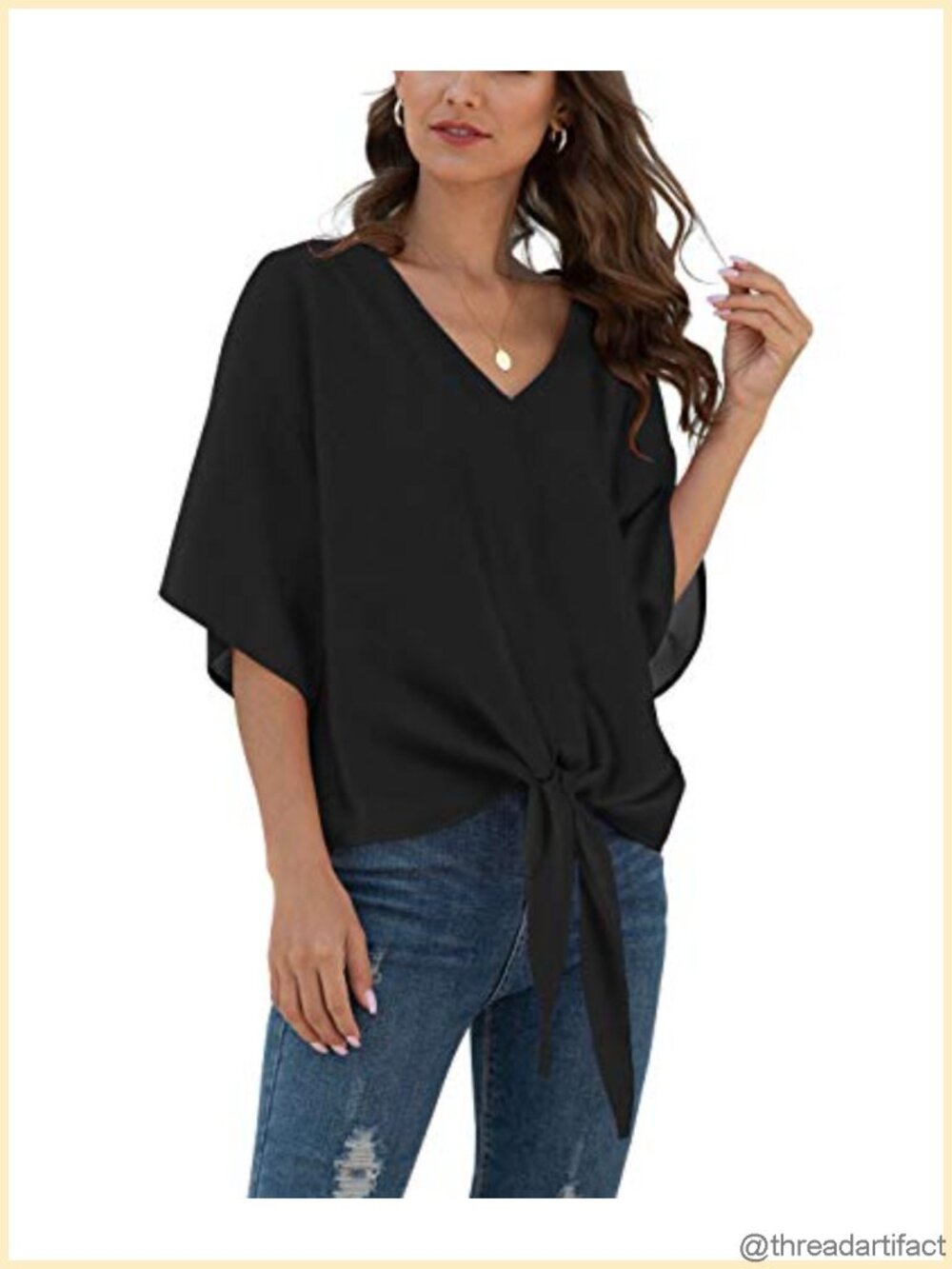 Chiffon Blouse Tie Front V Neck 3/4 Flare Sleeve Loose Fit Summer Top Shirt